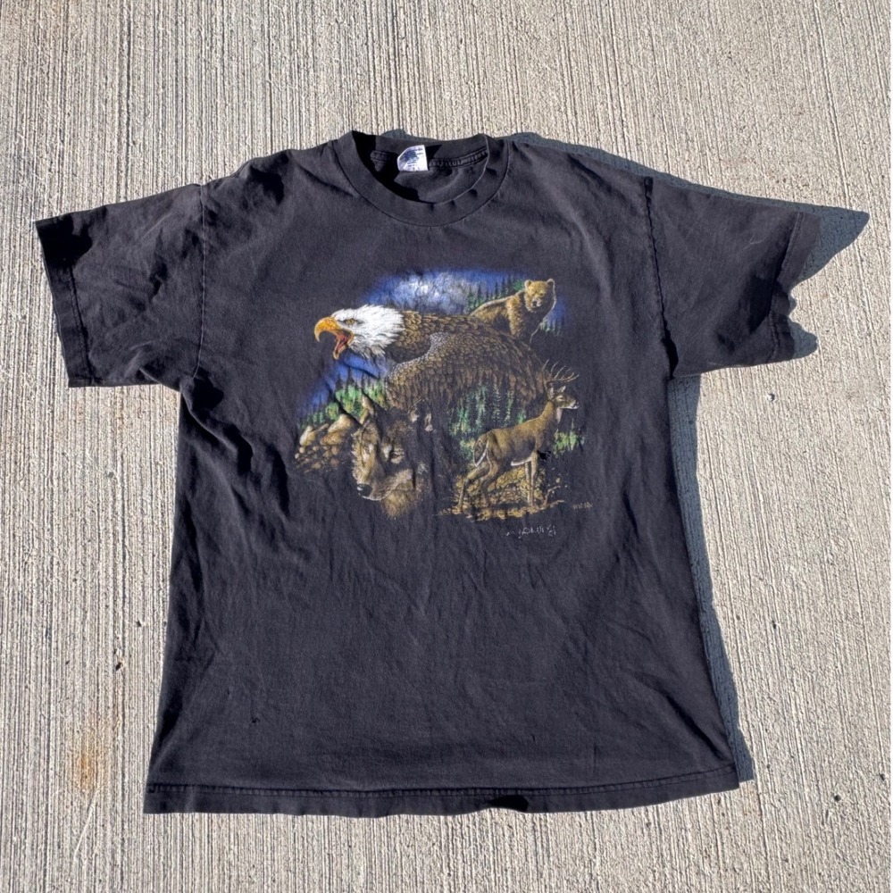 Hyland Wildlife Graphic T-Shirt Eagle Wolf Bear‎ Deer Nature Black Large